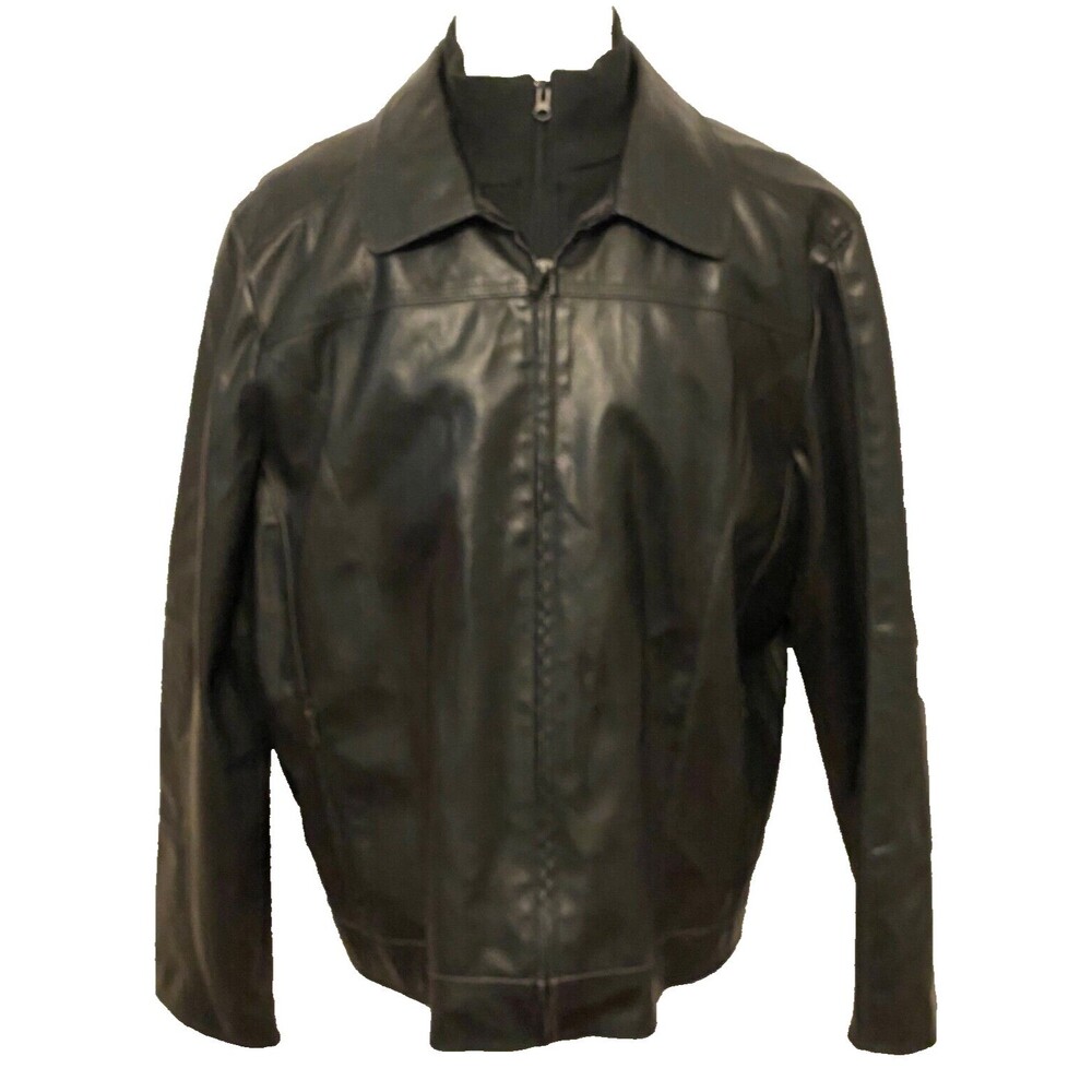 BUFFALO David Bitton Black Faux Leather Jacket Coat Vtg Men's XL Knit Mock Neck